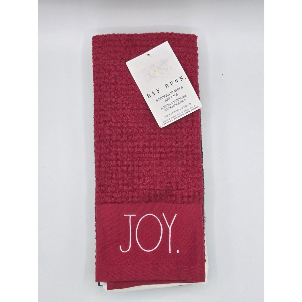 NWT Rae Dunn Set of 3 Kitchen Towels: Joy (Red), Believe (White),‎ Merry (Green)